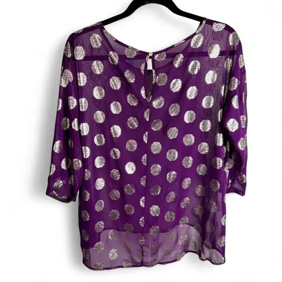 Francesca’s Sheer Metallic Dot Blouse Size L Purple Drama & Gold Foil Energy - Picture 2 of 11